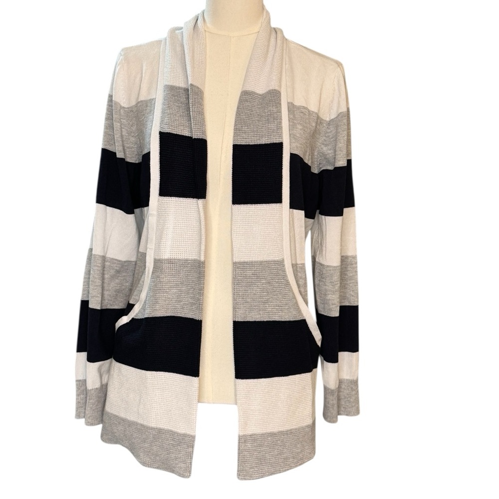 Chloé + Jasmine Striped Open Front Cardigan Sweater XL Gray Navy and White